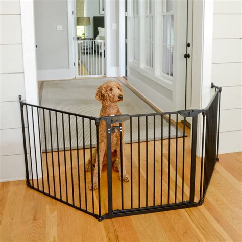 PAWLAND 144-inch Extra Wide 30-inches Tall Dog gate with Door Walk Through, Freestanding Wire Pet Gate for The House, Doorway, Stairs, Pet Puppy Safety Fence, Support Feet Included, Espresso,6 Panels. . Extra wide dog gate